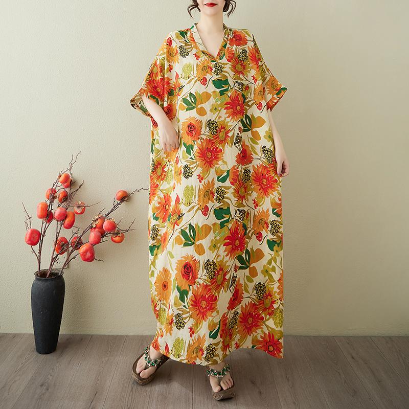 Dimanaf Verão 2025 Tamanho Grande Novo Vestido Mulheres Vintage Longo Casual Solto Básico Estampado Decote V Vestido Maxi