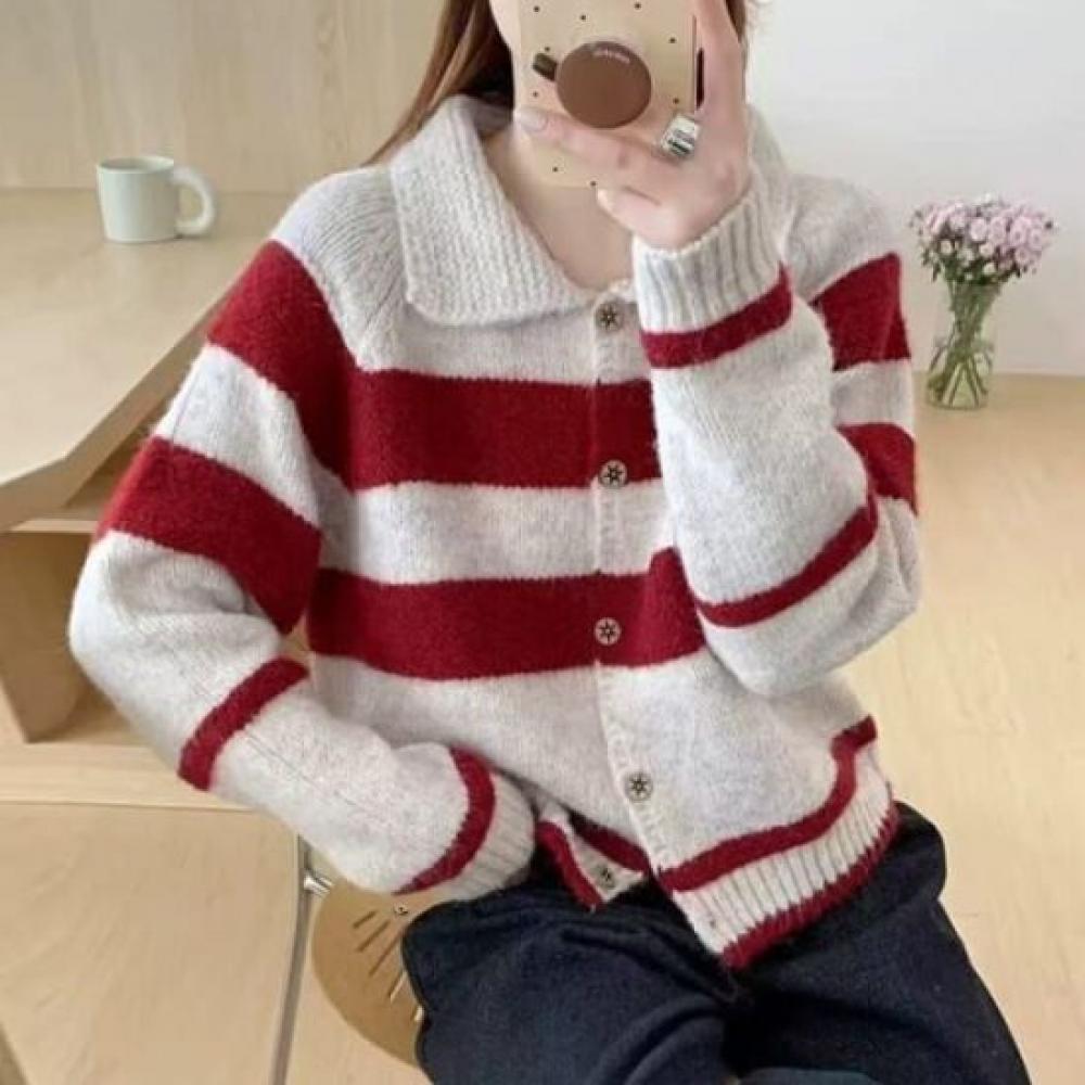 Navava Line Point Long Sleeve Collar Knit Cardigan Nk2747