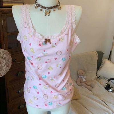 Japanische Niedliche Süße Kuchen-Print Tanktops Kawaii Ärmelloses Spitzenkanten-Schleifen-Camisole Sommer Lässig Dünnes Weiches Top Draußen Frauen 2025