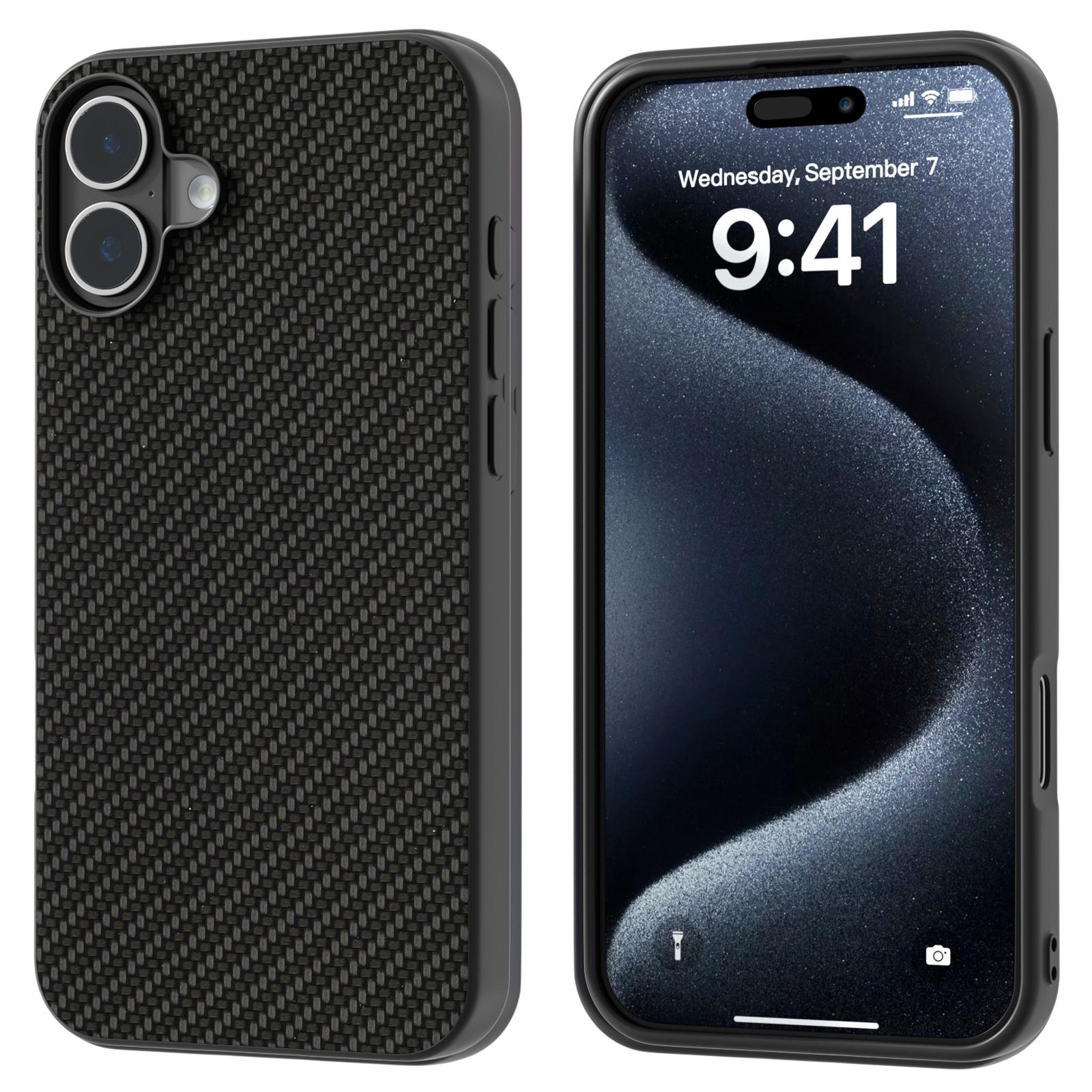 

For iPhone 16 Plus Case Hybrid Phone Cover Carbon Fiber Texture Black