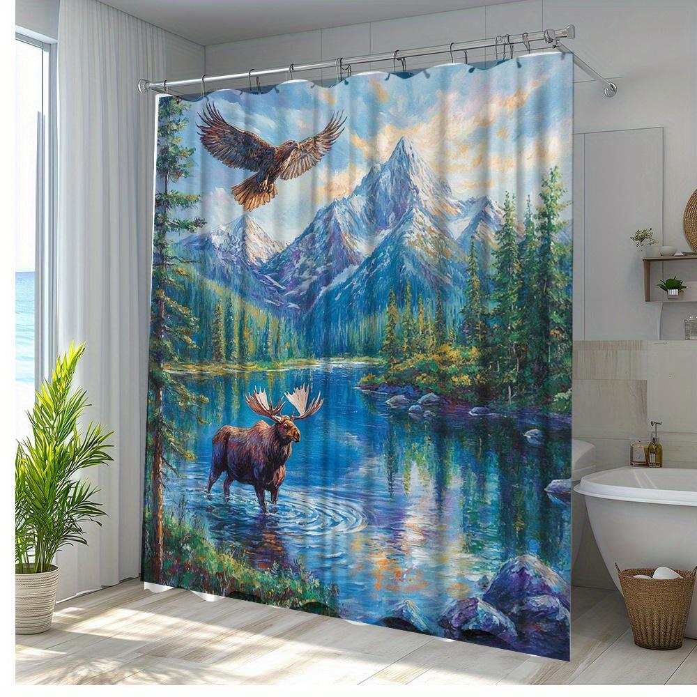 1Pc Mountain Landscape Shower Curtain With Moose & Eagle Design - Vibrant Nature Scene Polyester Fabric, 70.8X70.8 Inch Bathroom
