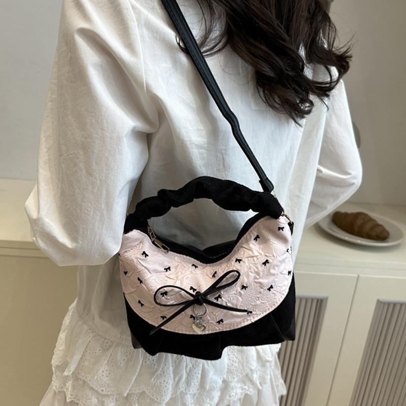 New Lace Plaid Patchwork Handbag French Bow Underarm Bag Small Versatile Cute Sweet Canvas Shoulder Bag Fashion Crossbody Bag