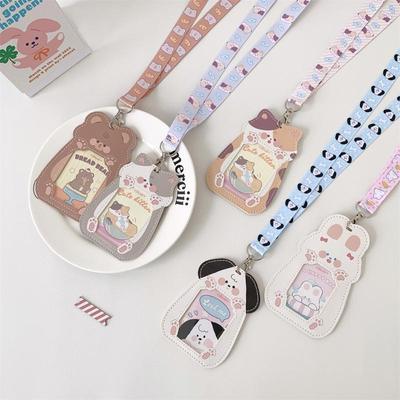 Cartoon Puppy Cat Leather 3Inch Cards Cover Neck Strap Lanyard Campus Card Holder For Student Lanyard Id Card Holder