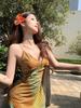 Women's Yellow Plaid V-Neck Camisole Dress – Slim Fit A-Line Skirt, Waist-Cinching Design for Summer Vacation
