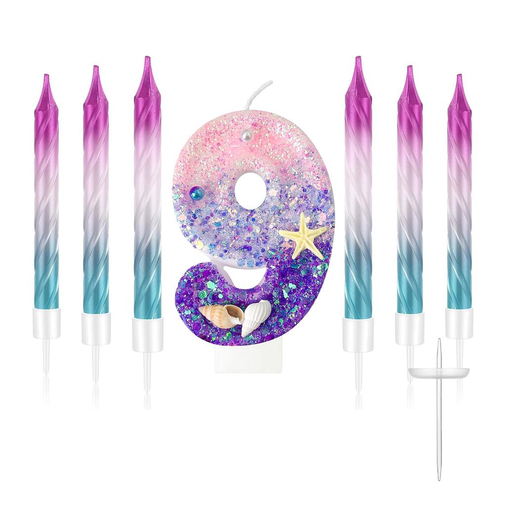 7pcs Girls Purple Mermaid Party Number 0-9 Cake Candles, 2.76 Inch Birthday Candle, Cake Topper Decoration for Birthday Party