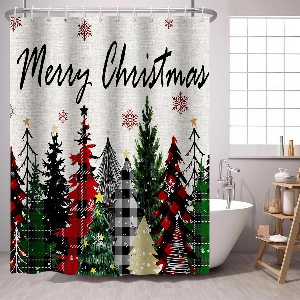 Pine Tree Red Bird Shower Curtain Green Winter Forest Cardinal Snow Berry Christmas Theme,Country Holiday Fabric Shower Curtains