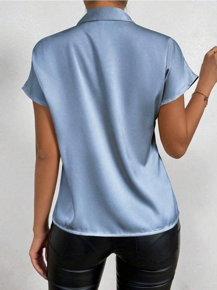 Women Summer Minimalist Shirt Elegant Women's Satin Pink Short Sleeved Lace-up Bow Neck Casual Fitting Office Shirt