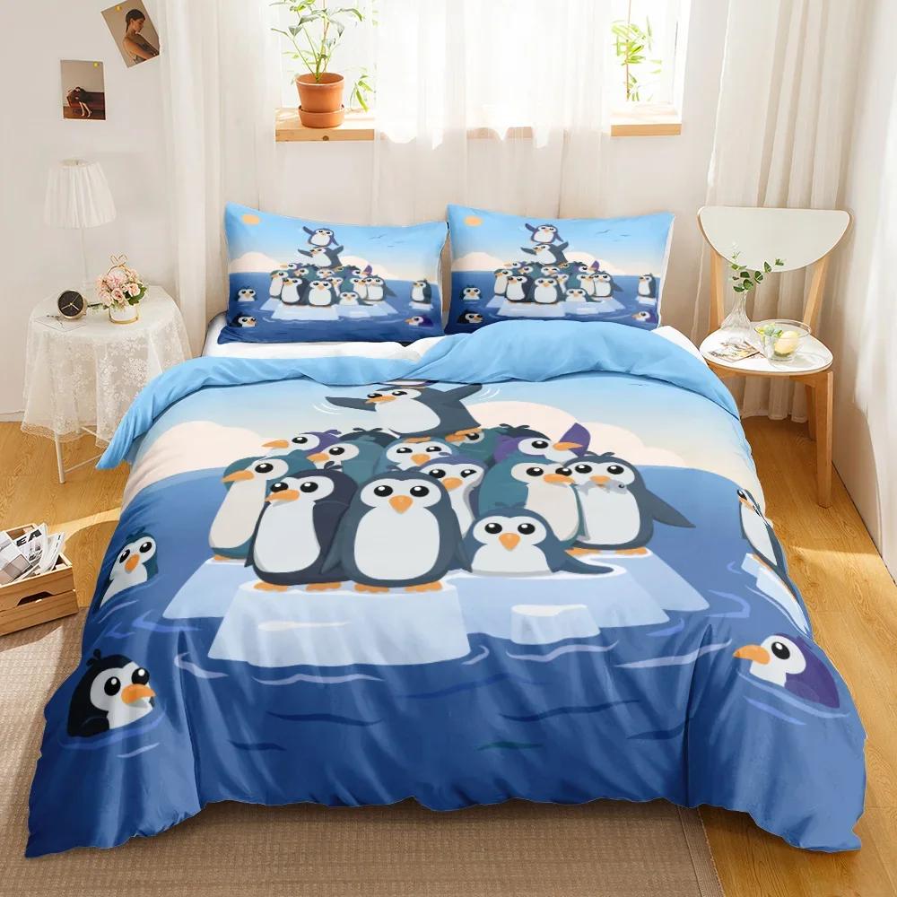 Penguin Bedding Set Twin Cute Animal Pattern Kids Teen Duvet Cover Set 3Pcs Cute Cartoon Penguin Animal Pattern Duvet Cover
