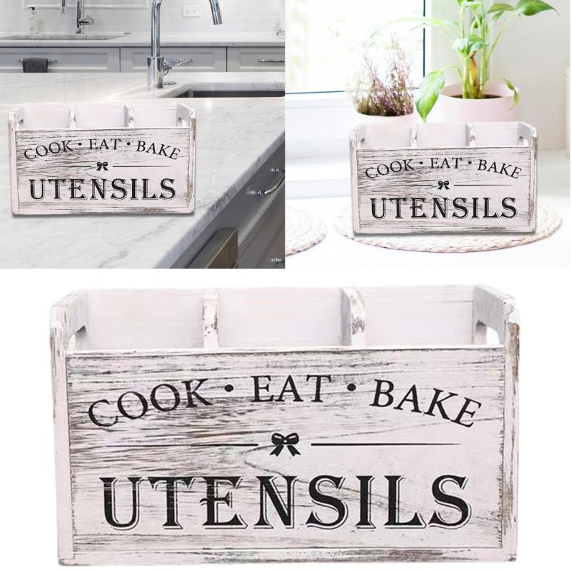 Dřevěný držák na náčiní s více přihrádkami 3 sekce Úložný box na kuchařské příslušenství Nástroj pro organizaci kuchyňské linky