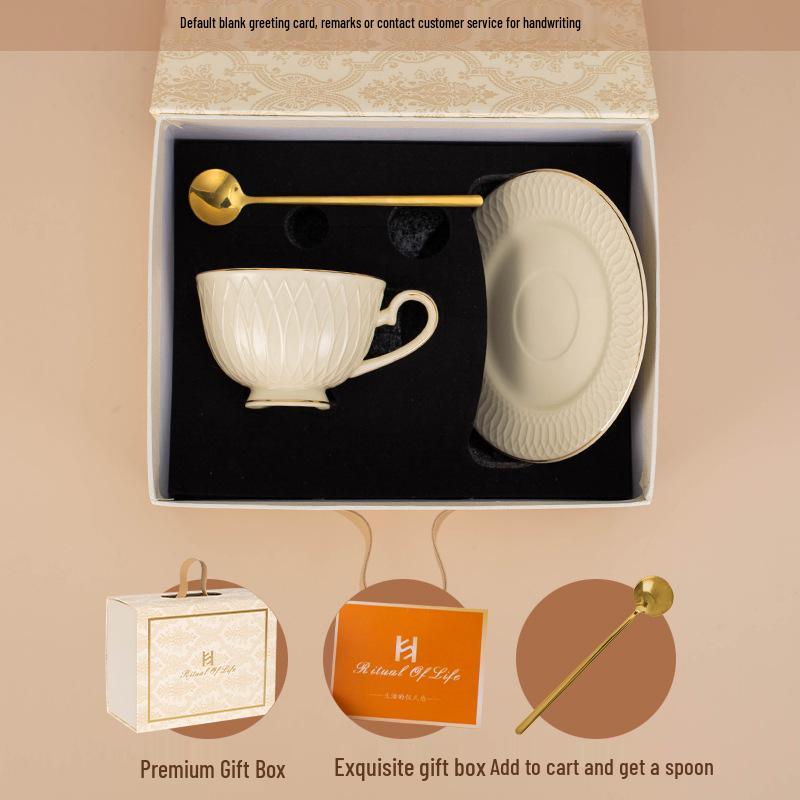 European Embossed Ceramic Coffee Cup & Saucer Set - Elegant Luxury Gift for Afternoon Tea 230ml
