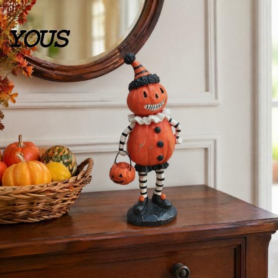 Holiday Fireplace Mantel Decor Wooden Halloween Resin Figurines, Pumpkin Scarecrow Wizard Owl Black Cat Country Style Figurines Statue, Rustic Desktop