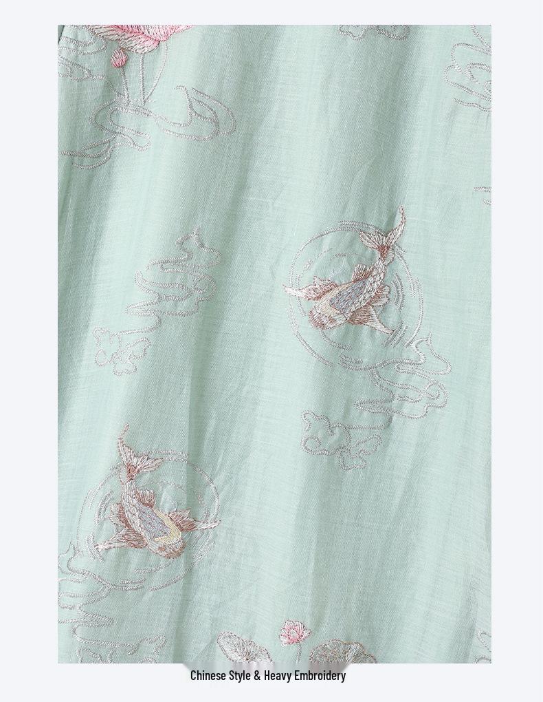 Chinese-Style Ramie Cheongsam Dress with Artistic Lotus & Fish Embroidery and Frog Buttons - Summer New Style