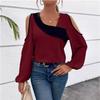 Women's Beige Black Color Block Cold Shoulder Top Spring Summer Long Sleeve Casual Blouse