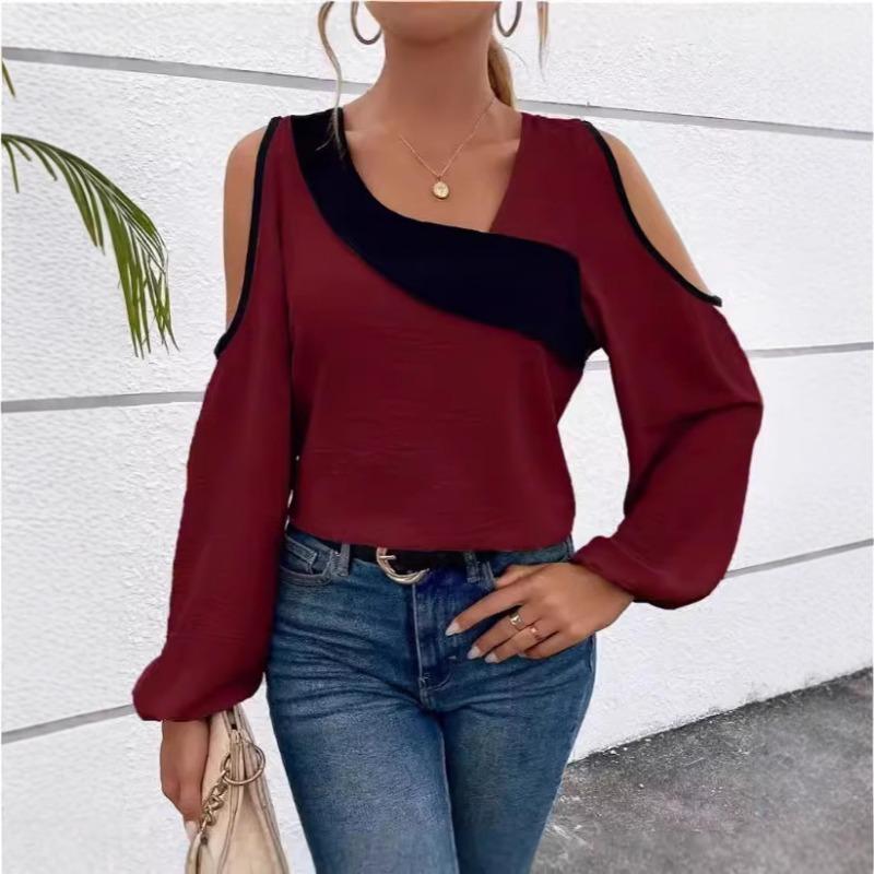 Women's Beige Black Color Block Cold Shoulder Top Spring Summer Long Sleeve Casual Blouse