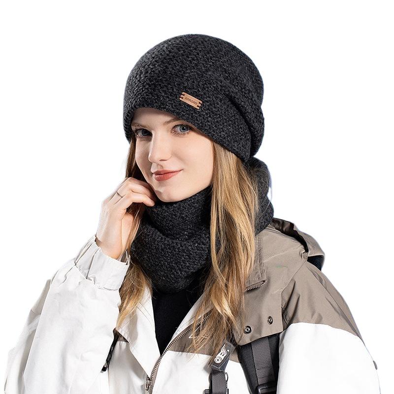 Women's Knitted Hat Winter European and American Warm Hat Scarf Set Fleece Ear Protector Pullover Wool Hat
