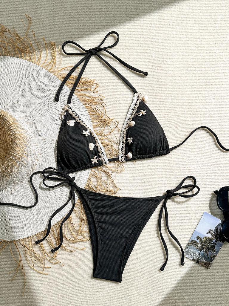Women's Swimsuit Solid Halter Side Tie Bikini Suit Beachwear Bathing Suits with Shell