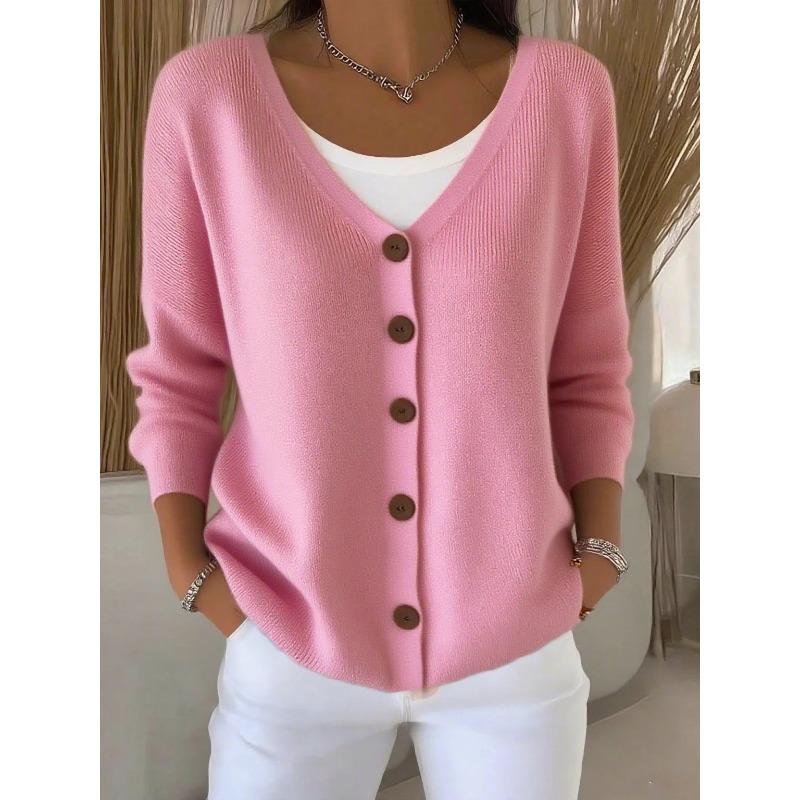 Damen einfarbiger V-Ausschnitt einreihiger Cardigan mit langen Ärmeln locker gestrickt lässiger Pullover Mantel