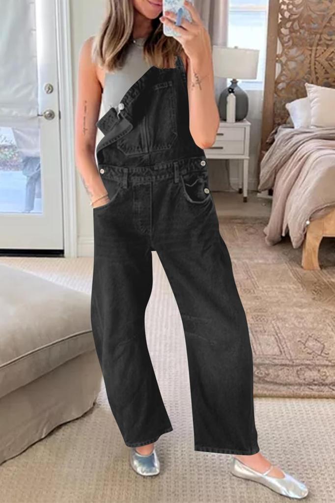 Womens Denim Bib Overalls Barrel Leg Baggy Jean Jumpsuit With Pockets