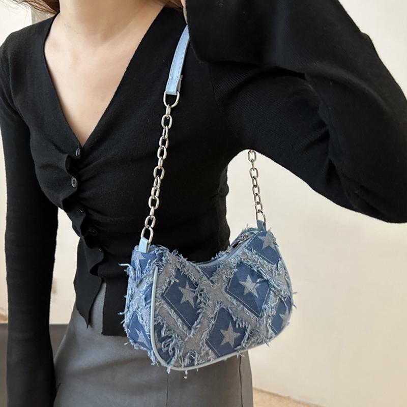 Womens Star Pattern Chain Decor Small Shoulder Bag Trendy Vintage Y2k Denim Underarm Bag Korean Star Women's Handbag Lady KTY