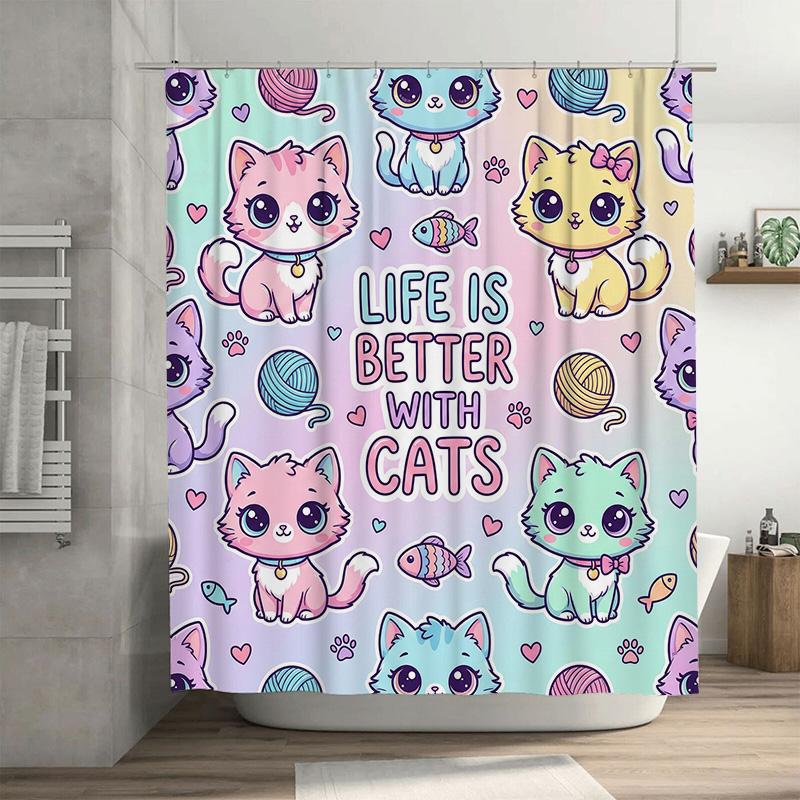 

Cute Cartoon Cat Shower Curtain Life Is Better With Cats Fabric Bathroom Decor With Hooks Sweet Kitten Animal Bath Curtain W60H190(CM)-1 Pcs