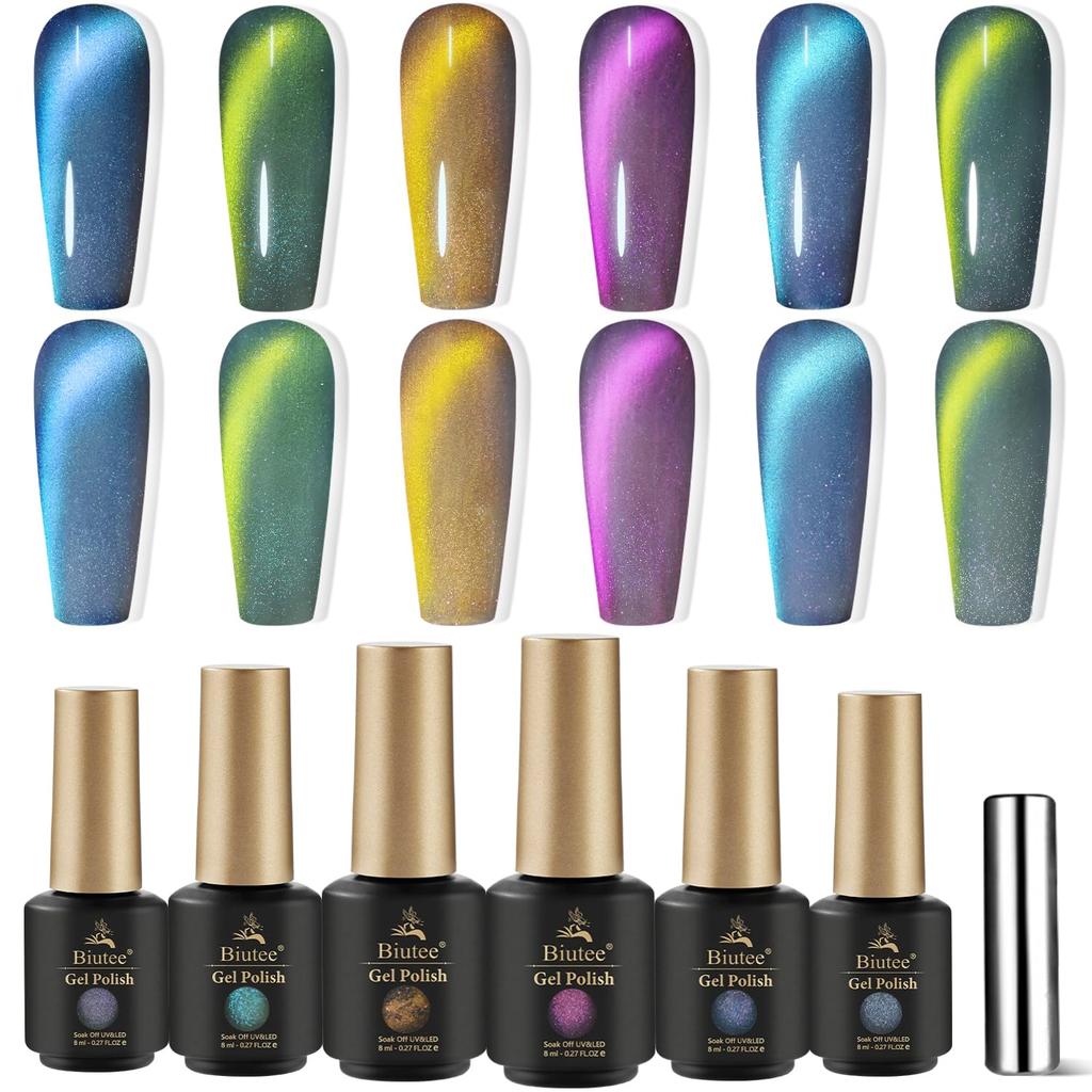 Biutee Magnetic Nail Gel Nail Cat Eye with Fine Diamond Dazzling Shine Polish, 6-Pack, Effect, 8ML, Magnet, Glitter, Gel, (997)