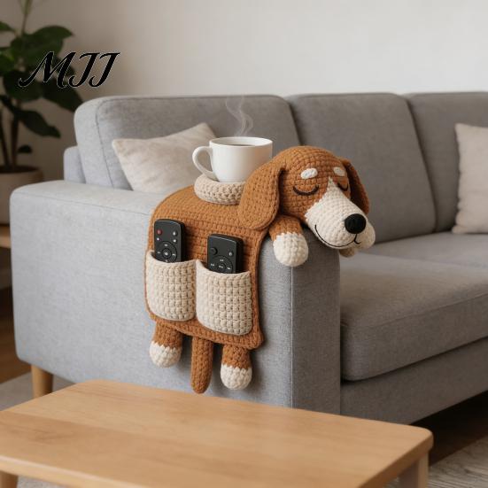 Sofa Storage Bag Soft Wool Dog Shape Hand Woven Shaped Pillow with Built-in Cup Holder Winter Accessory