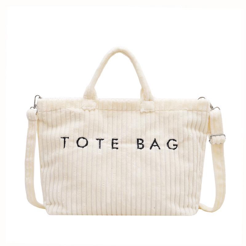 Women's 2025 Fashionable Corduroy Tote Bag with Letter Embroidery - Trendy Single Shoulder Handbag