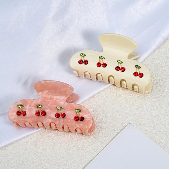 Yousheng Hair Claw Sparkling Rhinestones Inlaid Cherry Decorative Pattern Back Head Hair Clip Large Wide Tooth Design Hair Clip Versatile Hair