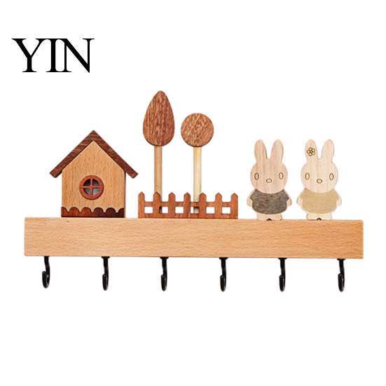Wall Mounted Tool Holder Wooden Key with 6 Hooks, Decorative Entryway Organizer Natural Wood Coat Rack Rack, Easy Mount Installation Hanger