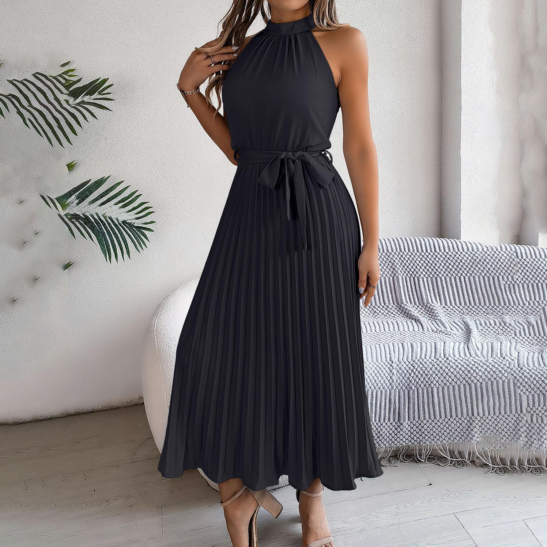 

Женское осенне-зимнее темпераментное однотонное плиссированное платье без рукавов с высокой талией и шнуровкой M