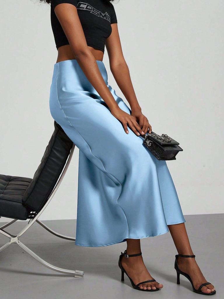 Elegant European and American Style Women's Satin Midi Skirt – Smooth, Slim, and Silky Texture for Summer