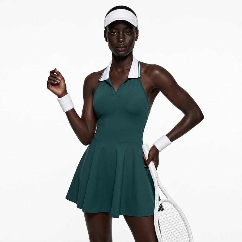 Womens Sporty Tennis Dress With Halter Neck Top Color-Block Collar Quick-Dry Badminton Running Gym Cycling