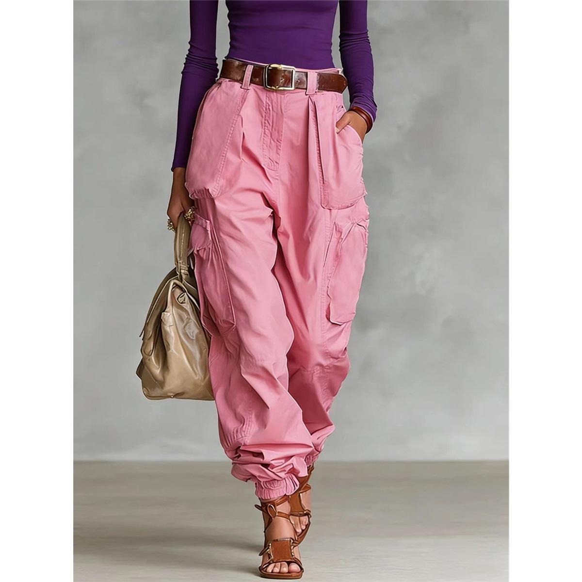 Damen High Waist Cargo Hosen Mehrere Taschen Lockere Haremshosen Kordelzug Knöchel Bündchen Lässig Streetwear XXL rosa