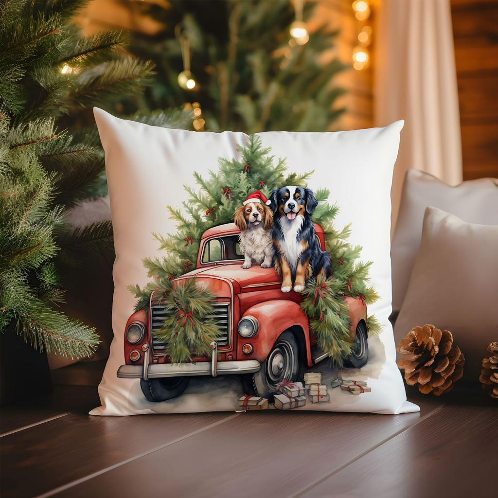 New Christmas Pillowcase Vintage Red Truck Cute Dog Christmas Tree Print Cushion Cover
