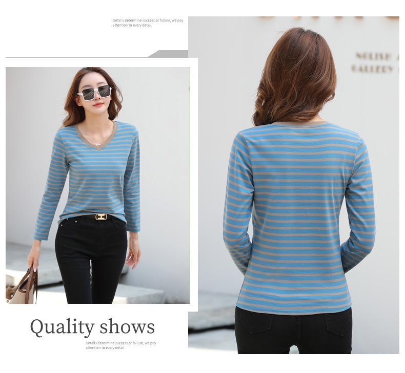 Women's Striped V-neck Long-sleeve Stretchy Casual T-shirt