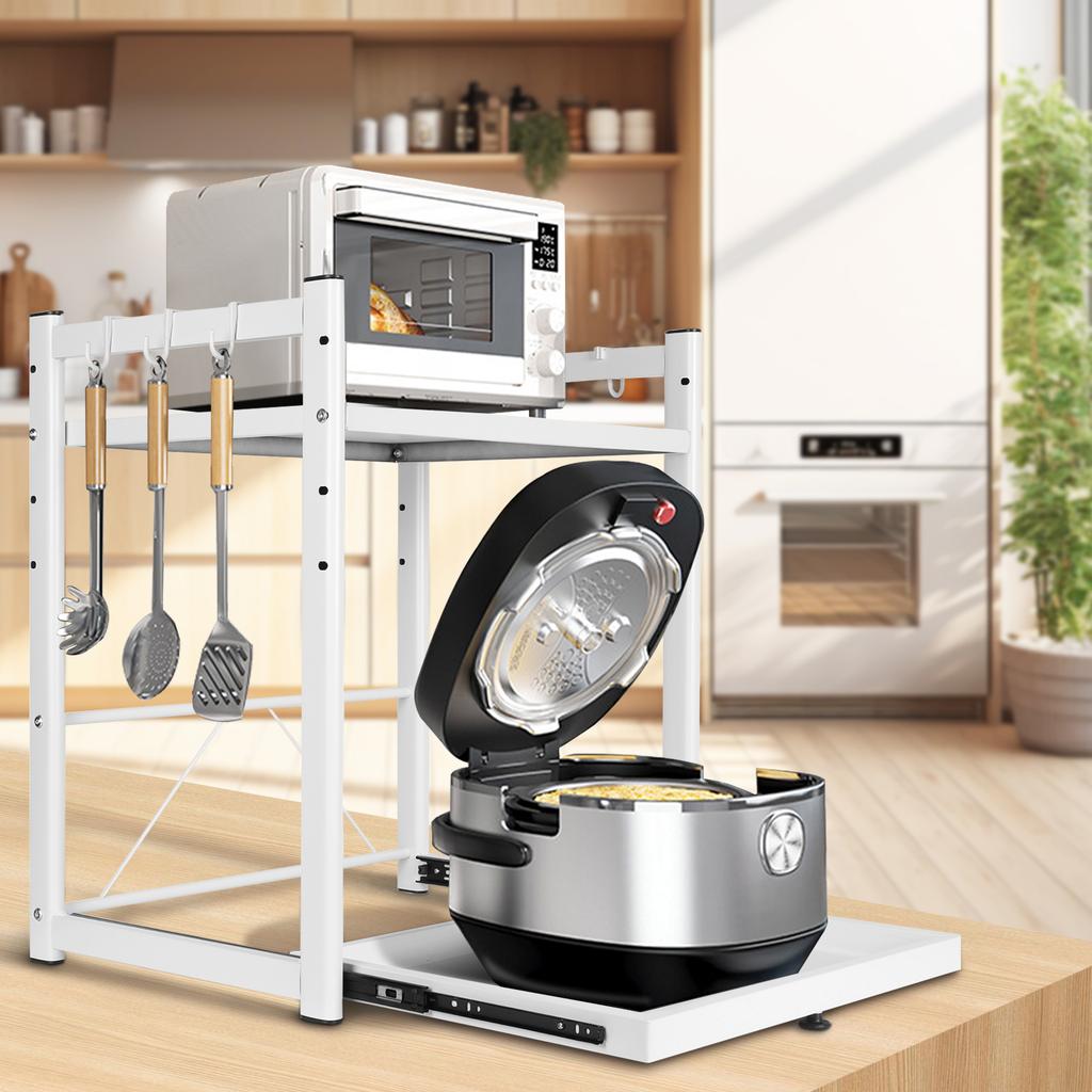 Expandable Microwave Rack with Hooks Extendable Microwave Stand Non Slip Over Microwave Shelf Carbon Steel for Countertop