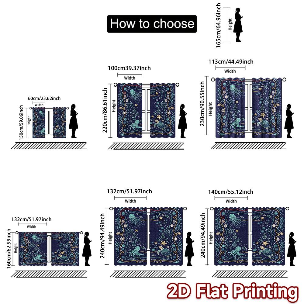 2D FLAT PRINTING 2pcs Curtains (Without Rod) Underwater Creatures Design Modern Modern Curtain Durable Polyester Curtains