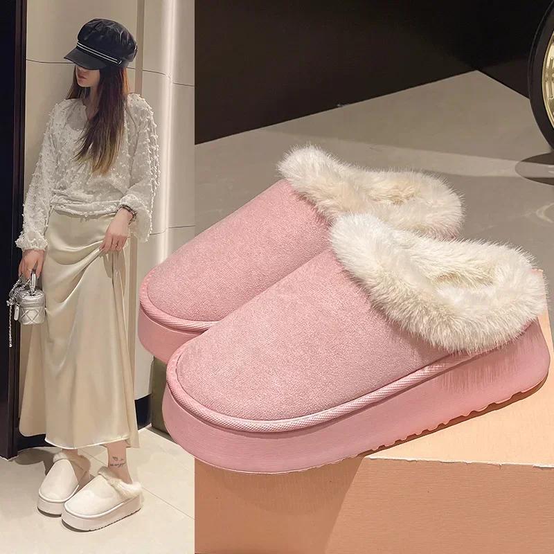 Women's Winter Fashionable Thick Soled Hooded Slippers, Plush Warm Cotton Shoes, Indoor and Outdoor Large-sized Cotton Slippers