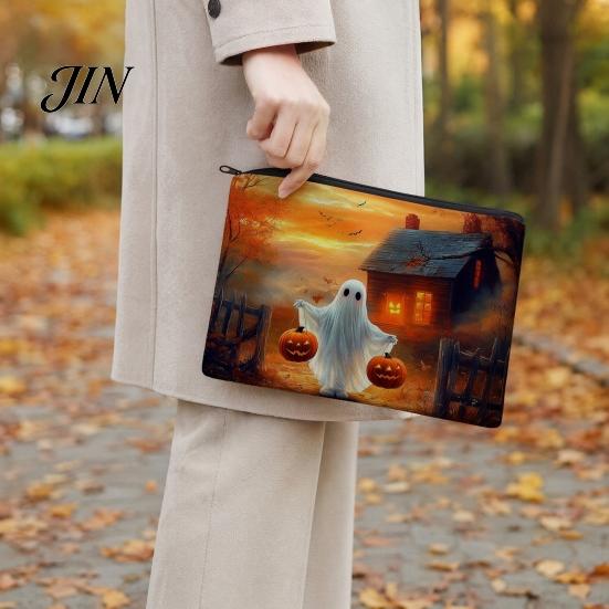 Portable Zippered Pouch Halloween Storage Bag, with Pumpkin Ghost Pattern Design, Thickened Wear Resistant Canvas Bag Cosmetic Organizer, for
