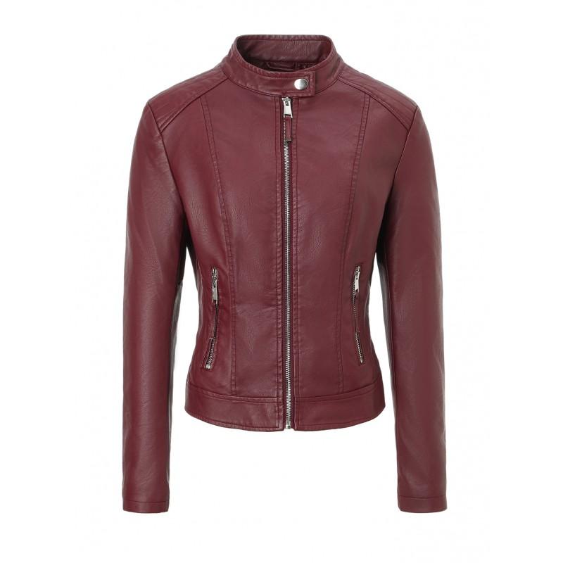 Womens PU Leather Biker Jacket With Stand Collar Slim Fit Zipper Front Casual Streetwear Coat