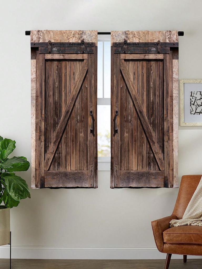 2pcs Rustic Curtain   Wooden Door Pattern Curtain  Without Holes Curtain   Refer To Bedroom Office Kitchen Living Room Study Home D