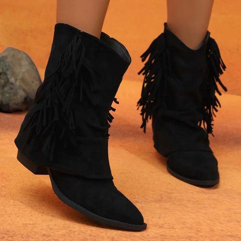 Fashion Pointed Toe Tassel Womens 2025 New Fall Winter All-match Pant Leg Boots Vintage Suede Booties