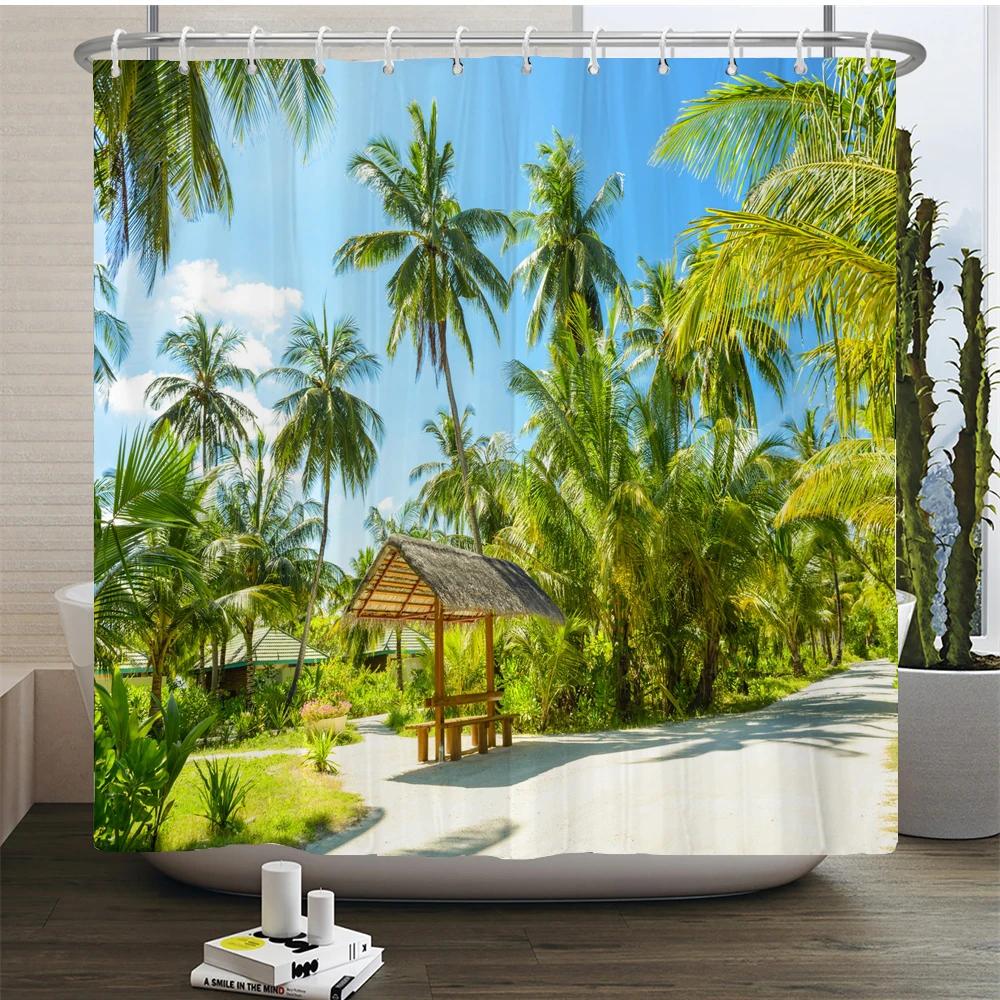 Waterproof Shower Curtain For Bathroom Sunny Sea Beach landscape Print Bathtub Curtains Polyester Bathroom Curtain with 12 Hooks