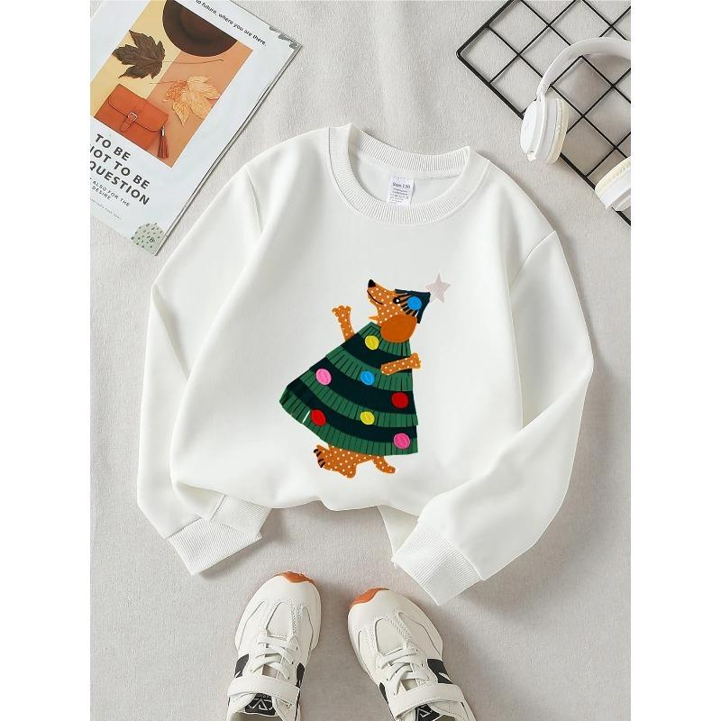 Europäische Größen Rundhals-Sweatshirt für Mädchen mit gepunktetem Hund & Weihnachtsbaum, Weiche bequeme Sportbekleidung & Freizeitkleidung für Kinder & Jugendliche