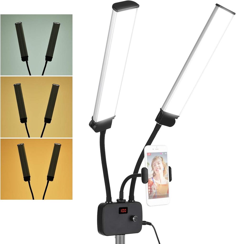 Flexible Double Arms LED Fill Light Bi-Color Dimmable Beauty LED Video Lights 3 Light Modes with Phone Holder for Live Stream