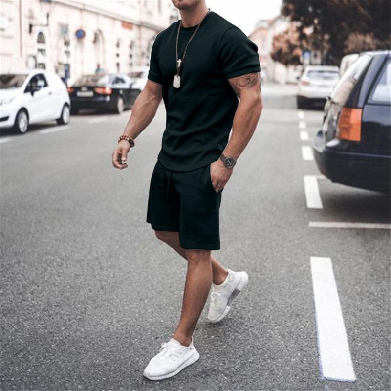 New Men's Summer Street Men's Short-sleeved Shorts Two-piece Men's Casual Sports Large Size Suit Men