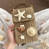 Summer Island Black Cat Mobile Phone Bag Handwoven Holiday Wind Starfish Shell Straw Messenger Bag Storage Bag