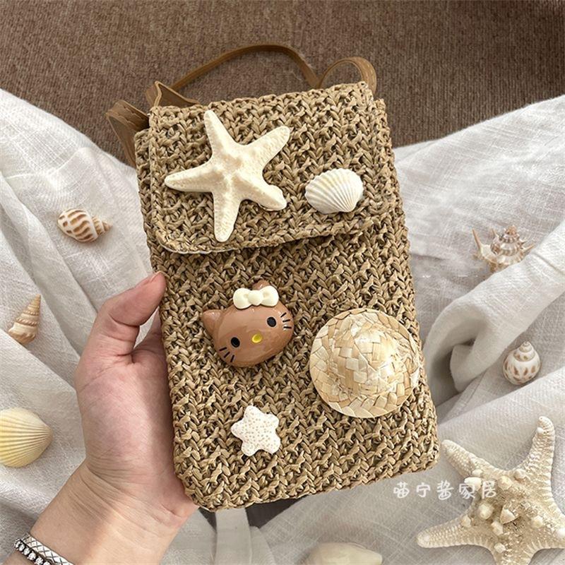 

Summer Island Black Cat Mobile Phone Bag Handwoven Holiday Wind Starfish Shell Straw Messenger Bag Storage Bag