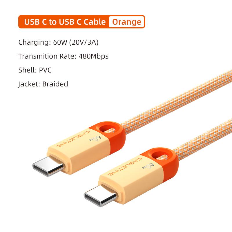

CABLETIME USB C to USB C Cable 60W 480Mbps Fast Charging Cable 3A Braided Type C to Type C Cable for Moble Phone Laptop HUAWEI 0.25m оранжевый