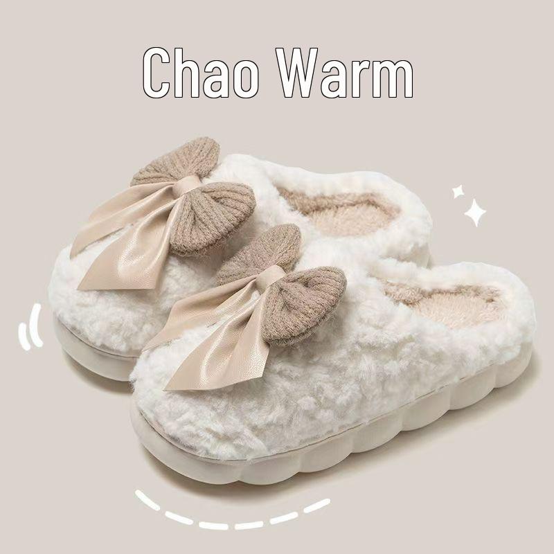 Men's and Women's Plush Bow Cotton Slippers: Cozy Indoor Footwear for Couples
